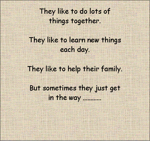 Text Box: They like to do lots of things together.They like to learn new things each day.They like to help their family. But sometimes they just get in the way 